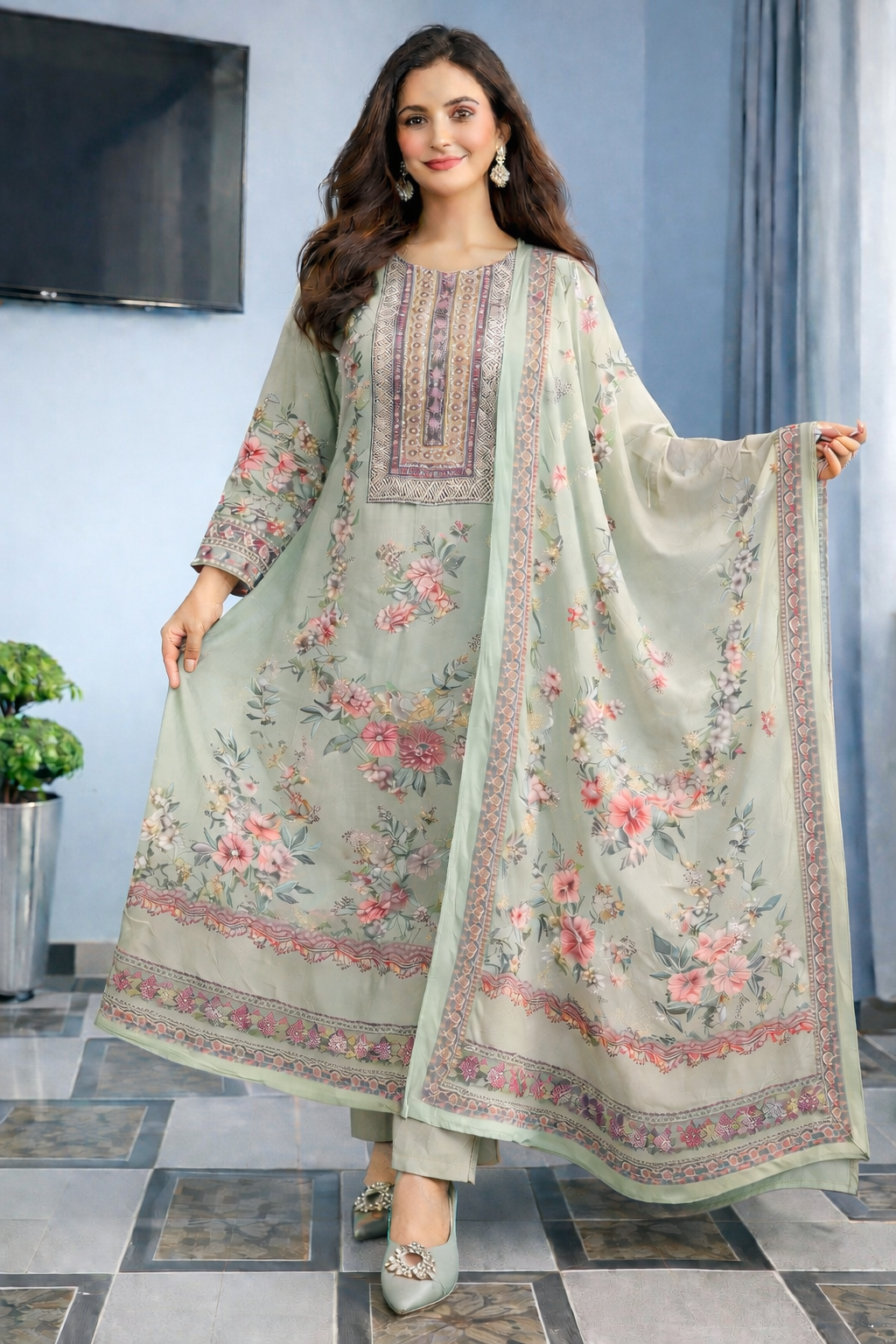 Luxury Pastel Cream Floral Printed Muslin Suit Set with Designer Dupatta