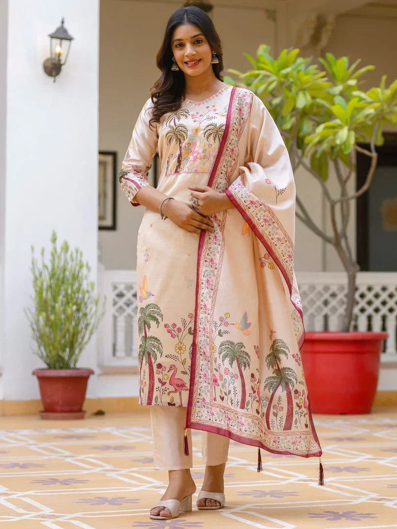 Floral Printed Handwork Silk Straight Kurta With Trousers & Dupatta Suits