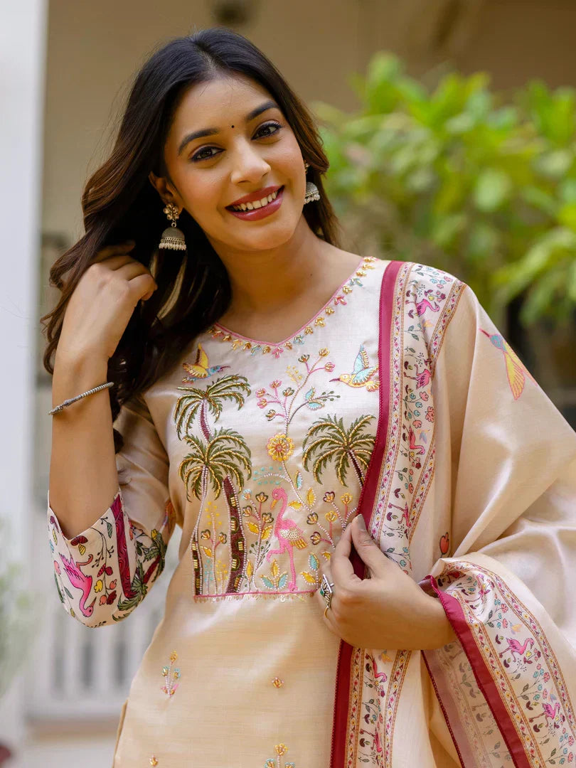 Floral Printed Handwork Silk Straight Kurta With Trousers & Dupatta Suits