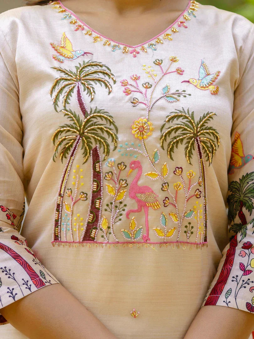 Floral Printed Handwork Silk Straight Kurta With Trousers & Dupatta Suits