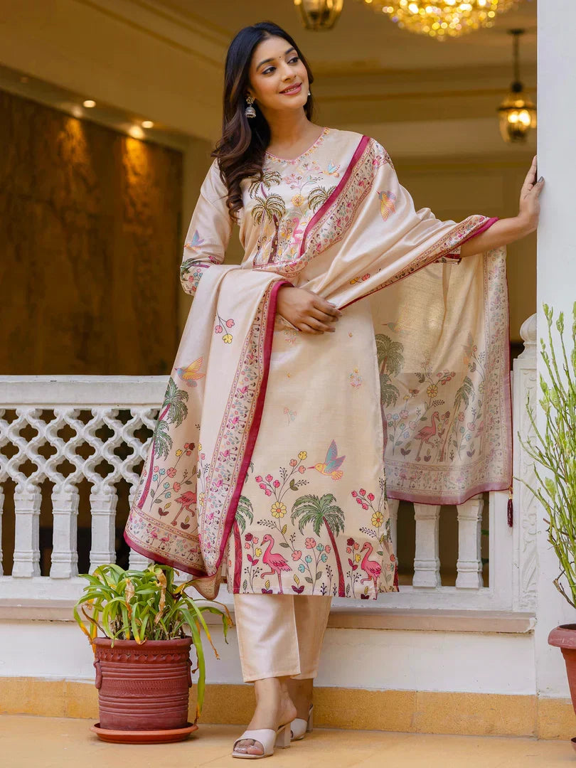 Floral Printed Handwork Silk Straight Kurta With Trousers & Dupatta Suits
