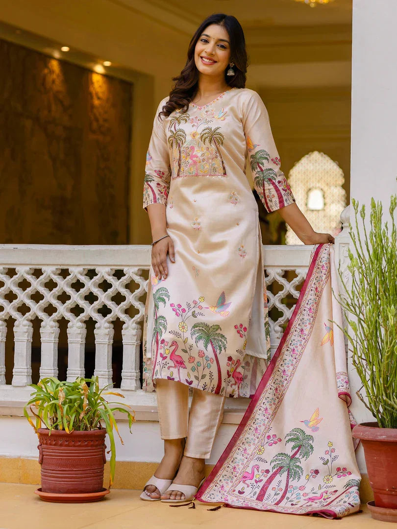 Floral Printed Handwork Silk Straight Kurta With Trousers & Dupatta Suits