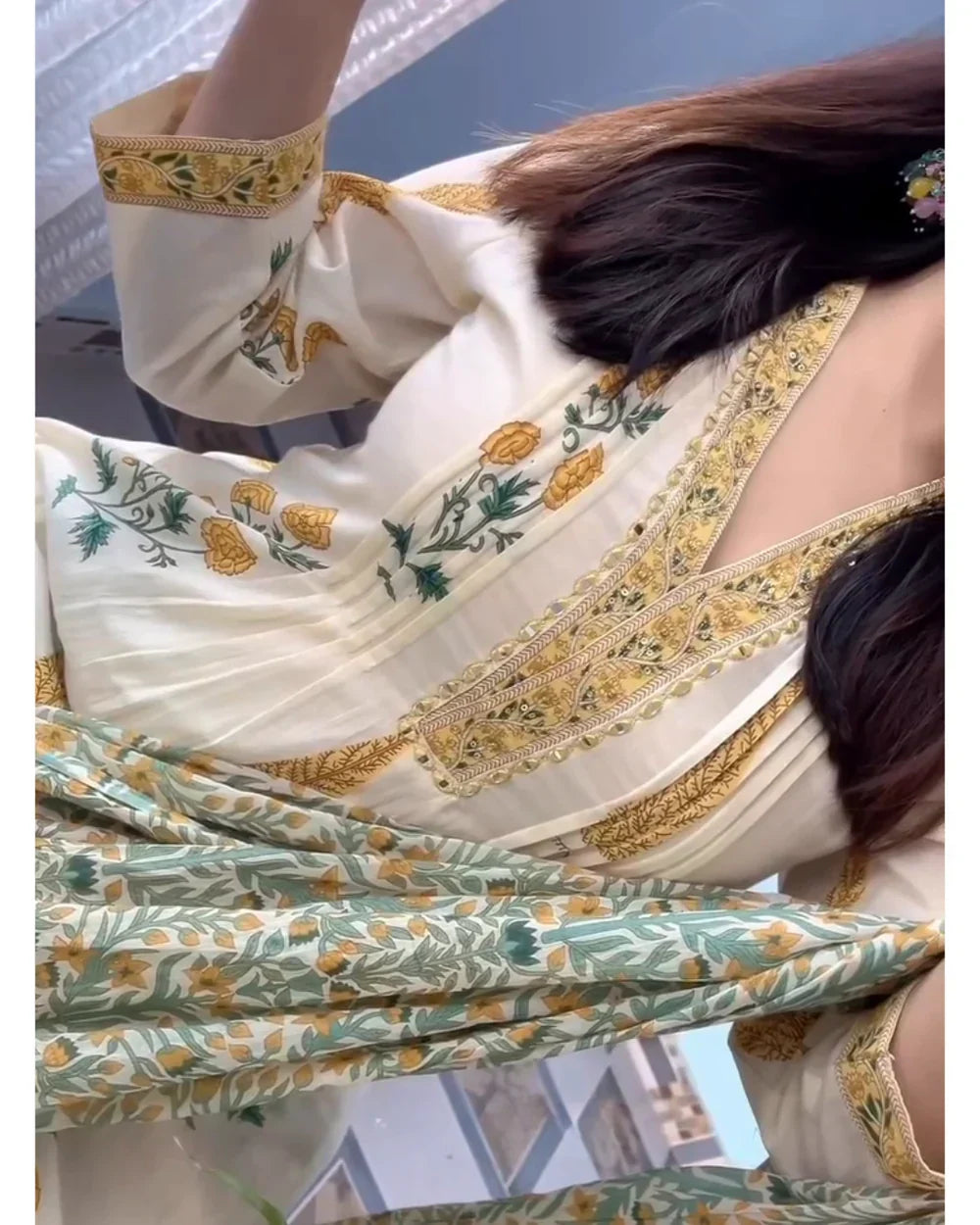 Ivory & Yellow Floral Printed Kurta Set with Matching Dupatta