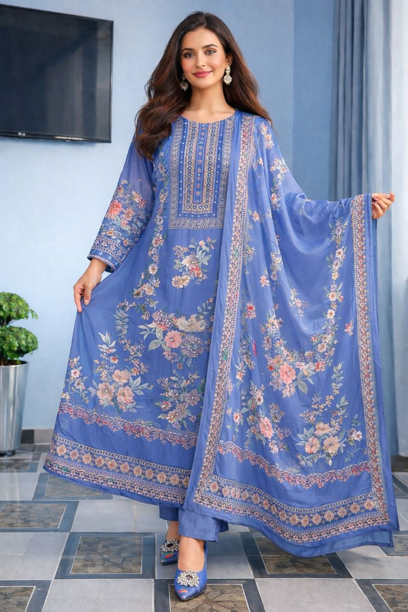 Luxury Pastel Cream Floral Printed Muslin Suit Set with Designer Dupatta