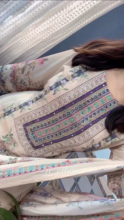 Luxury Pastel Cream Floral Printed Muslin Suit Set with Designer Dupatta